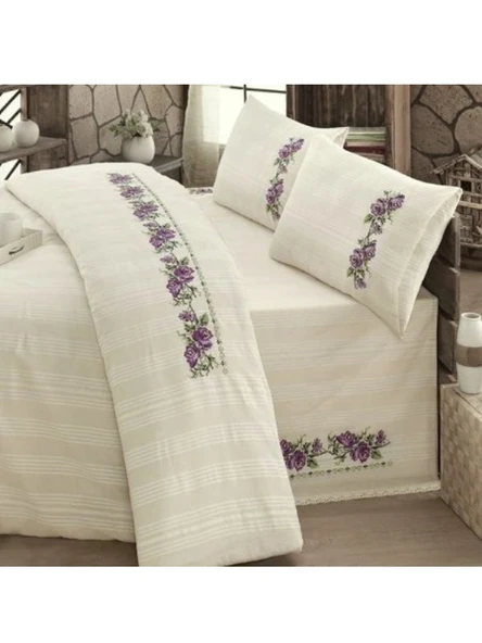 Buldan İşi Kanaviçe Nakışlı Çift Kişilik Nevresim Takımı-Lila