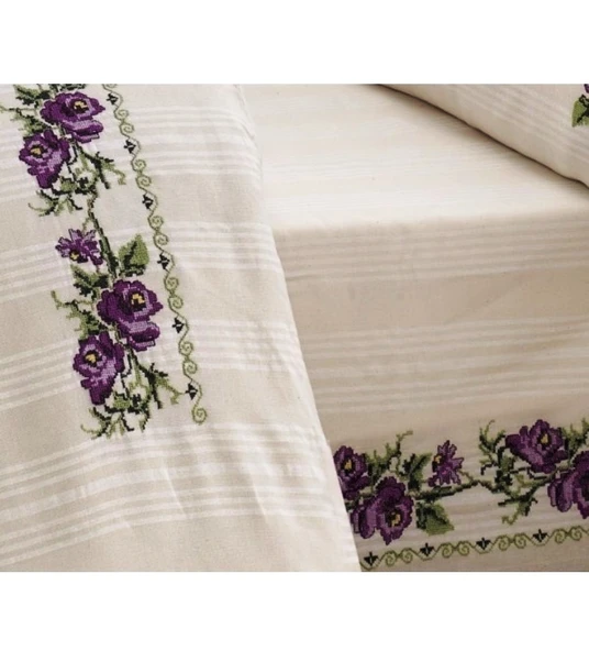 Buldan İşi Kanaviçe Nakışlı Çift Kişilik Nevresim Takımı-Lila - 2