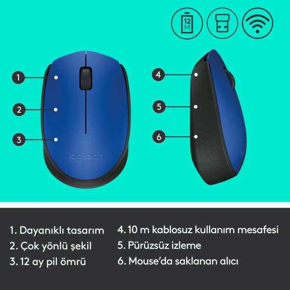 Logitech USB Alıcılı Kablosuz Kompakt Mavi Kablosuz Mouse - Resim 7