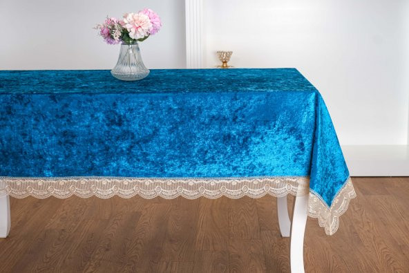 Finezza Pera Lüx  Dantelli Kadife Kumaş Turkuaz Masa Örtüsü 160x220 cm  - 1421 - Resim 2