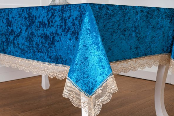 Finezza Pera Lüx  Dantelli Kadife Kumaş Turkuaz Masa Örtüsü 160x220 cm  - 1421 - Resim 3
