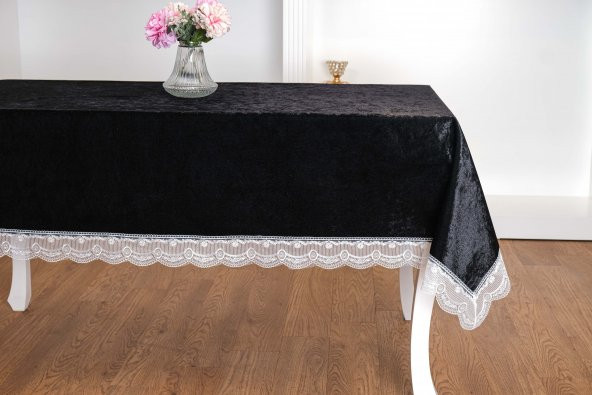 Finezza Pera Lüx  Dantelli Kadife Kumaş Siyah Masa Örtüsü 160x220 cm  - 1422 - Resim 2