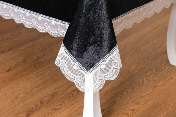 Finezza Pera Lüx  Dantelli Kadife Kumaş Siyah Masa Örtüsü 160x220 cm  - 1422 - Resim 3