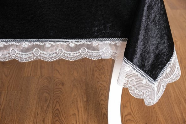 Finezza Pera Lüx  Dantelli Kadife Kumaş Siyah Masa Örtüsü 160x220 cm  - 1422 - Resim 4