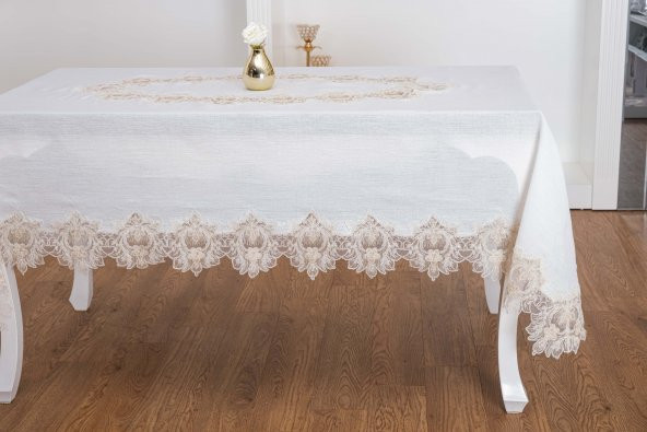Finezza Nihal Lüx Dantelli Simli Keten Kumaş Krem Masa Örtüsü 160x230 cm  - 1423 - 2