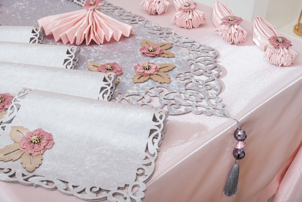 Finezza Afife Kadife Gümüş Pudra Sofra Takımı 8 kişilik 160x230 cm 34 Prç -1425 - 3
