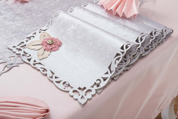 Finezza Afife Kadife Gümüş Pudra Sofra Takımı 8 kişilik 160x230 cm 34 Prç -1425 - 4