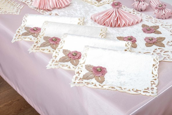 Finezza Afife Kadife Krem Pudra Sofra Takımı 8 kişilik 160x230 cm 34 Parça -1426 - 4