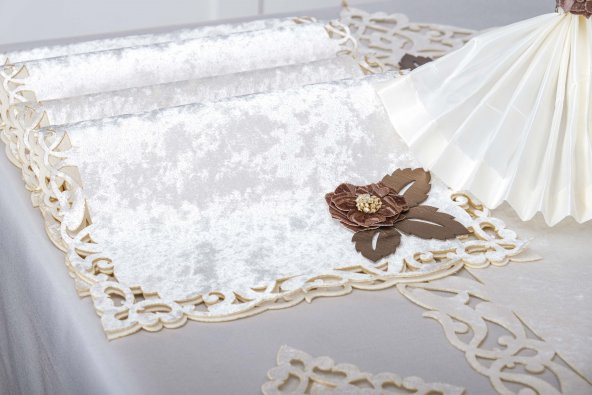 Finezza Afife Kadife Kreme Krem Sofra Takımı 8 kişilik 160x230 cm 34 Parça -1427 - Resim 4