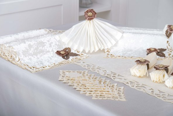 Finezza Afife Kadife Kreme Krem Sofra Takımı 8 kişilik 160x230 cm 34 Parça -1427 - Resim 7