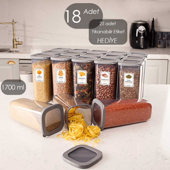 Porsima Tidy Etiketli 1700 Ml 18 Parça Silikon Kapak Kare Kırılmaz Erzak Saklama Kabı Seti