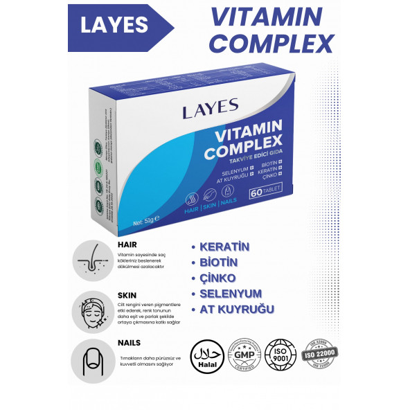 Layes Hair Vitamin Complex 60 Tablet Biotin Keratin Çinko D3 At Kuyruğu Selenyum Folik Asit Saç Vitamini