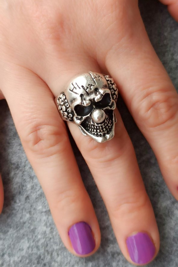 Palyaço Kafatası Şekilli Erkek Yüzük Gümüş Kaplama Ayarlanabilir El Yapımı Erkek Yüzük - Resim 2