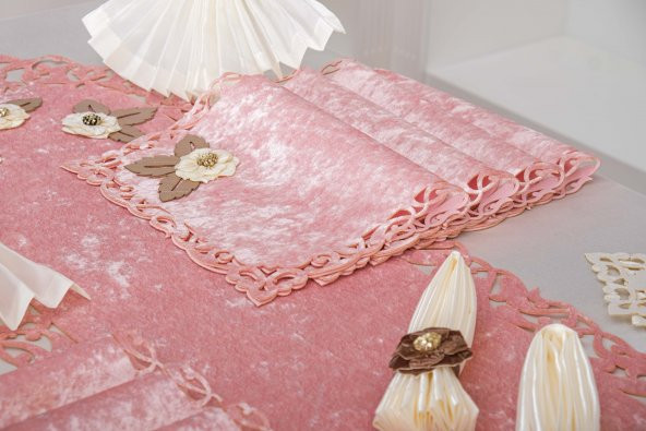 Finezza Afife Kadife Pudra Krem Sofra Takımı 8 kişilik 160x230 cm 34 Parça -1428 - 4