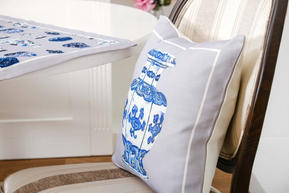 Finezza Vista Baskılı Kumaş Kreme Mavi Kırlent Kılıfı 45x45  İkili - 1429 - 3