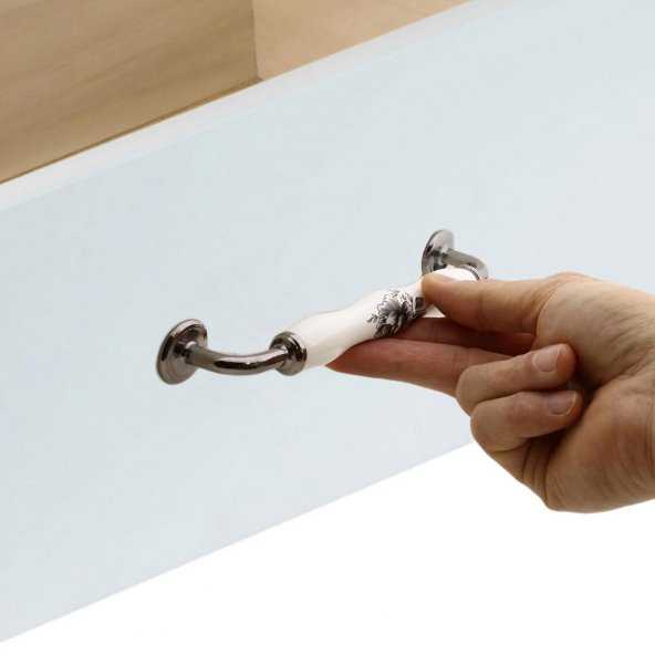 Lüks Porselen Mobilya Çekmece Dolap Kapak Kulpu Kulbu 128 mm Beyaz Füme - Resim 2
