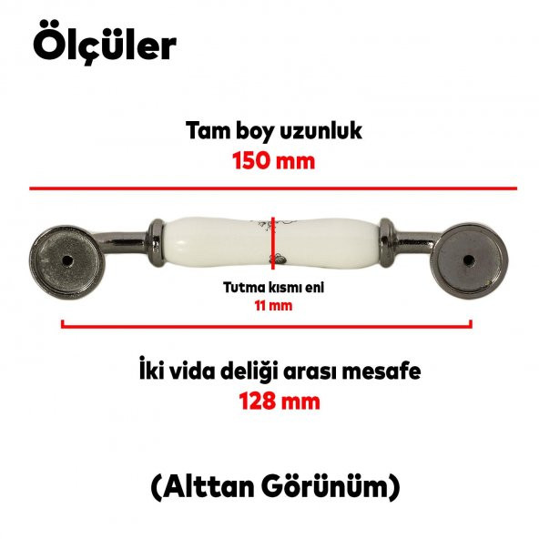 Lüks Porselen Mobilya Çekmece Dolap Kapak Kulpu Kulbu 128 mm Beyaz Füme - Resim 3