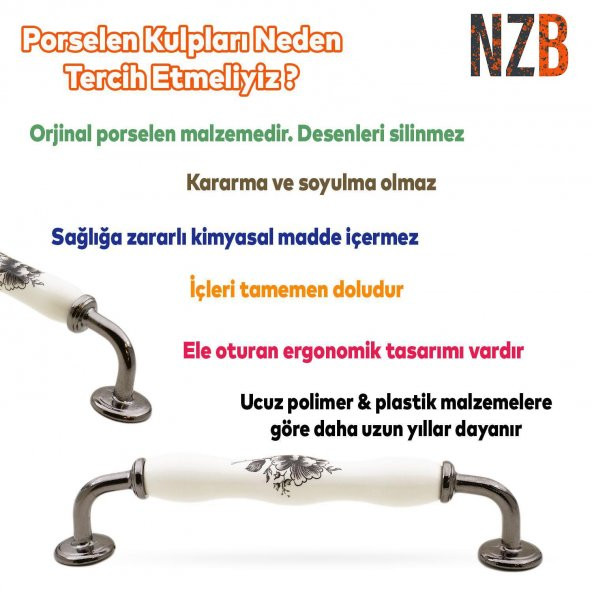 Lüks Porselen Mobilya Çekmece Dolap Kapak Kulpu Kulbu 128 mm Beyaz Füme - Resim 6