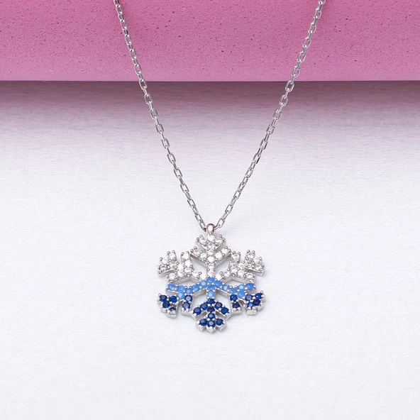 Kar Tanesi Beyaz Mavi Lacivert Zirkon Taşlı 925 Ayar Gümüş Kadın Kolye - Resim 2