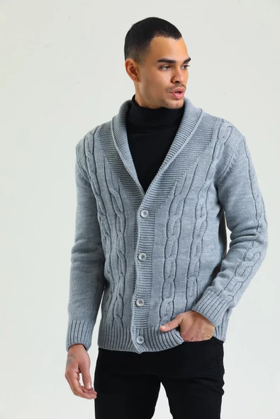 Erkek Regular Fit Örgü Desenli Kalın Kışlık Düğmeli Örme Hırka - 11