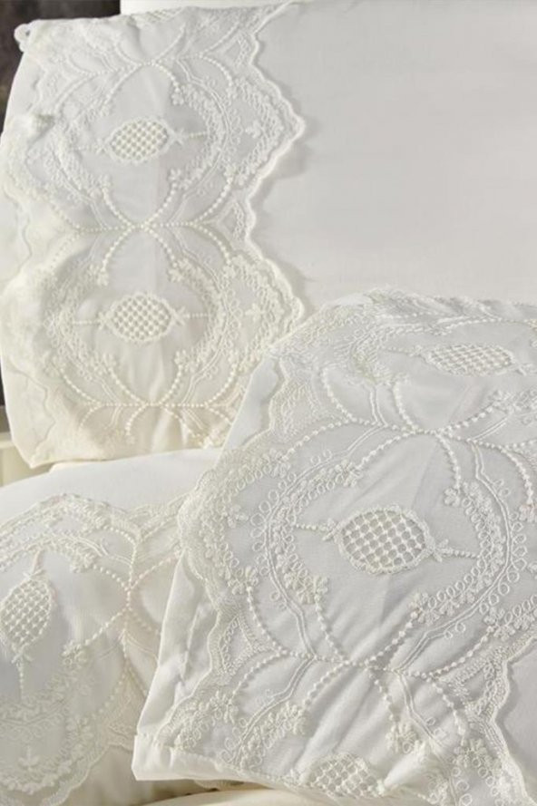 Fransız Dantelli Eslem Çeyizlik Nevresim Takımı Krem - Resim 5