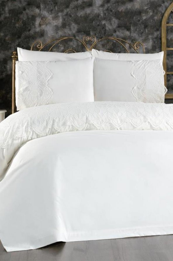 Fransız Dantelli Eslem Çeyizlik Nevresim Takımı Krem - Resim 4