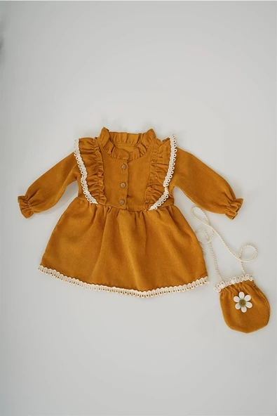 KIZ BEBEK UZUN KOL PAPATYA DESENLİ ÇANTALI ELBİSE ürün görseli