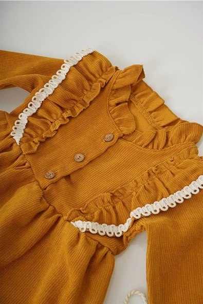 KIZ BEBEK UZUN KOL PAPATYA DESENLİ ÇANTALI ELBİSE - Resim 4