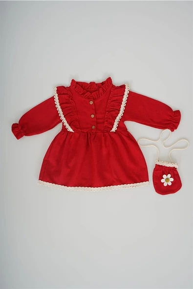 KIZ BEBEK UZUN KOL PAPATYA DESENLİ ÇANTALI ELBİSE - Resim 10