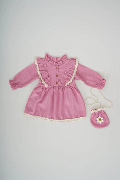 KIZ BEBEK UZUN KOL PAPATYA DESENLİ ÇANTALI ELBİSE - Resim 5