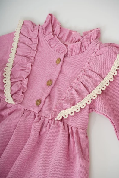 KIZ BEBEK UZUN KOL PAPATYA DESENLİ ÇANTALI ELBİSE - Resim 6