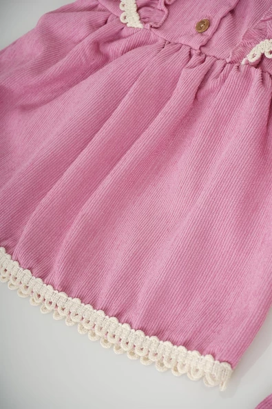 KIZ BEBEK UZUN KOL PAPATYA DESENLİ ÇANTALI ELBİSE - Resim 8