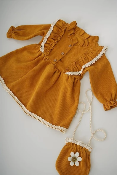 KIZ BEBEK UZUN KOL PAPATYA DESENLİ ÇANTALI ELBİSE - Resim 2