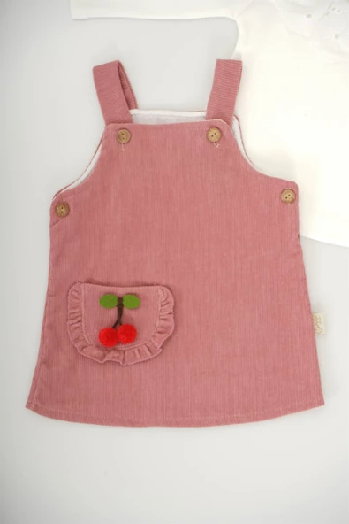 KIZ BEBEK 2Lİ KİRAZ DESENLİ UZUN KOL SALOPET ELBİSE - 4