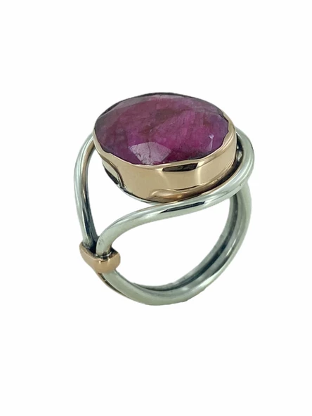 Oval Yakut Taşlı Otantik El Üretim Özel Tasarım Gümüş Yüzük - 2