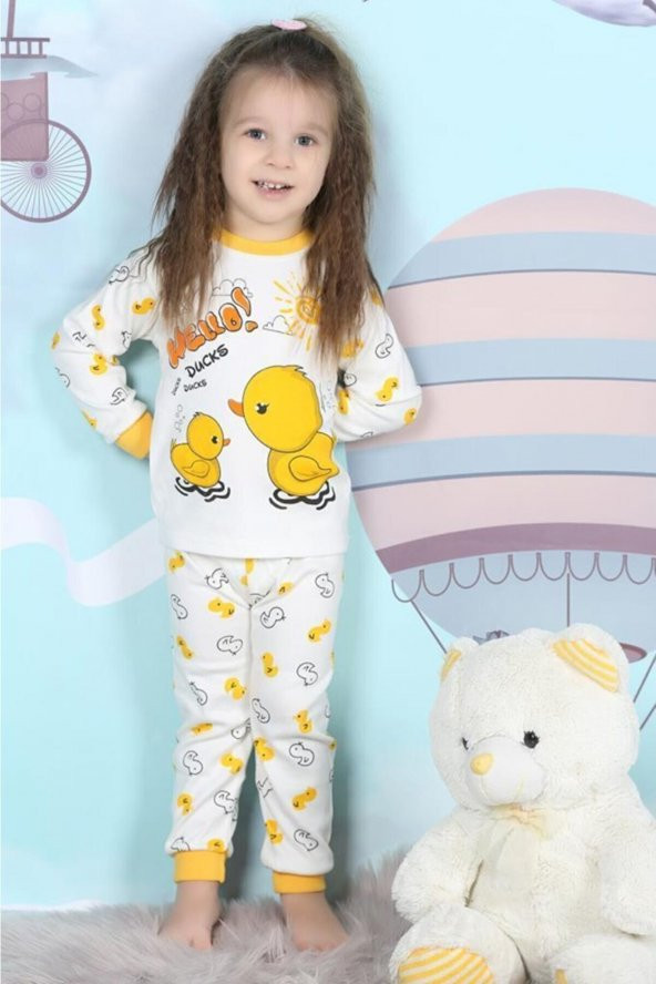 Ördek Desenli İkili Kız Bebek Çocuk Takım Pijama Takımı