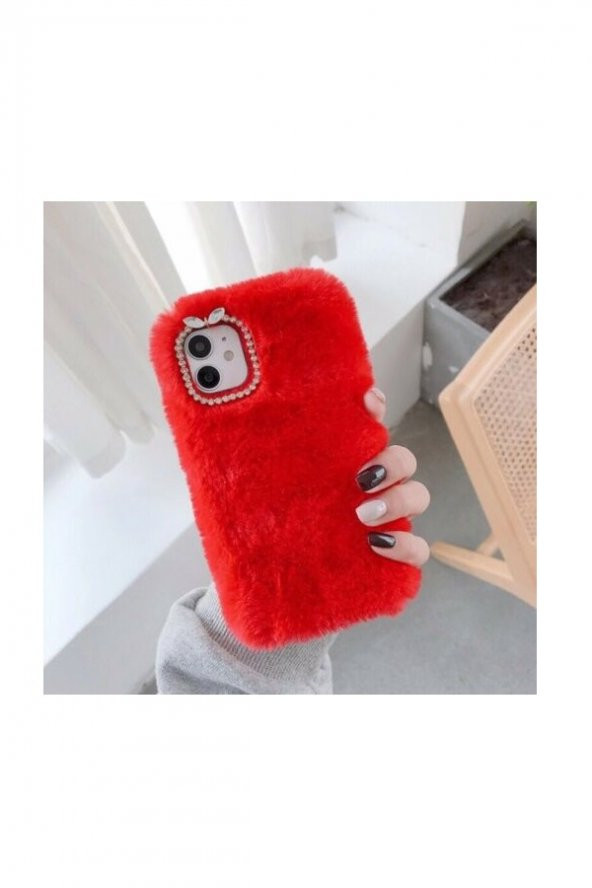 Apple iPhone Xs Kılıf Peluş Tüylü Swarovski Taşlı Pofuduk Silikon Tpu Kapak