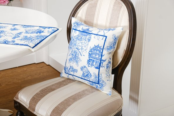 Finezza Festival Baskılı Kumaş Kreme Mavi Kırlent Kılıfı 45x45 cm - 1439 - 2
