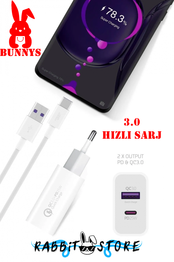 RABBİT STORE Samsung Galaxy A20 Uyumlu 25W Hızlı Şarj Cihazı TYEP-C (Kablo Dahil)