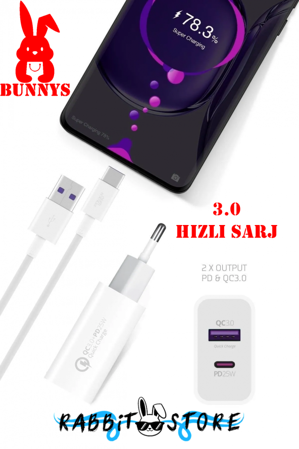 RABBİT STORE Xiaomi Mi 11 Lite Uyumlu 25W Hızlı Şarj Cihazı TYEP-C (Kablo Dahil)