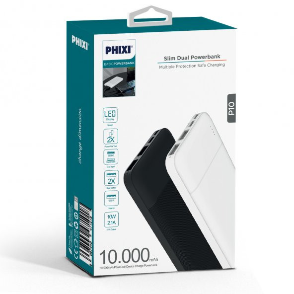 Phixi Basic P10 Çift Çıkışlı ve Çıkışlı 10.000mAh 2.1A Slim Powerbank - 2