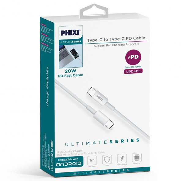 Phixi Ultimate UPD4115 20W Güç Destekli Type-C to Type-C Hızlı Şarj ve Data Kablo - 2
