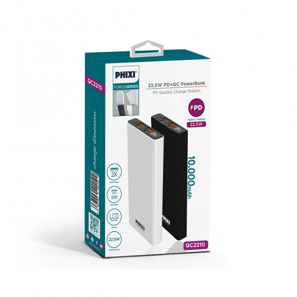 Phixi Force QC2210 10.000mAh LCD Ekranlı 22.5W PD Destekli Powerbank - 2