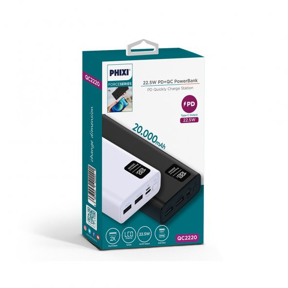 Phixi Force QC2220 20.000mAh LCD Ekranlı 22.5W PD Destekli Powerbank - 2