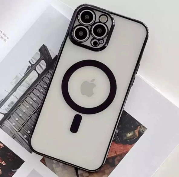 Iphone 12 Pro Max Köşeleri Renkli Arkası Şeffaf Kamera Korumalı Magsafe Kılıf
