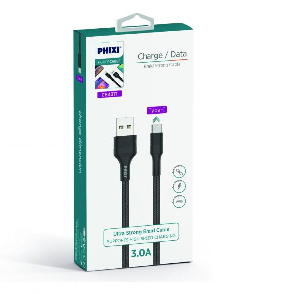 Phixi Force CB431T Hasır Örgü ve Ekstra Güçlendirilmiş Silikon Başlıklı Type-C USB Hızlı Şarj ve Data Kablo - 2