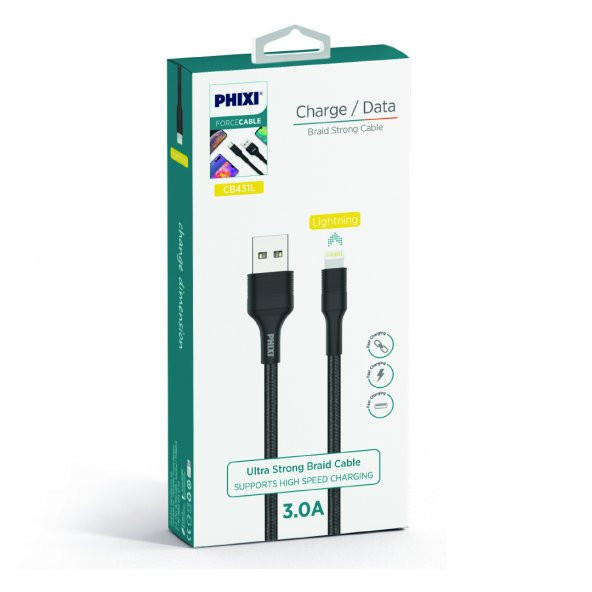 Phixi Force CB431L Hasır Örgü ve Ekstra Güçlendirilmiş Silikon Başlıklı Lightning USB Hızlı Şarj ve Data Kablo - 2