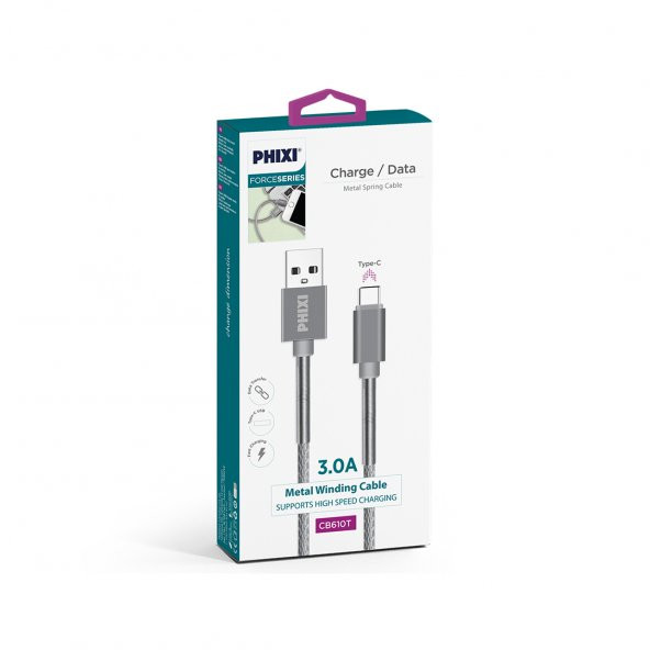 Phixi CB610T Force Metal Örgü 100 Cm Type-C USB Şarj ve Data Kablosu - 2