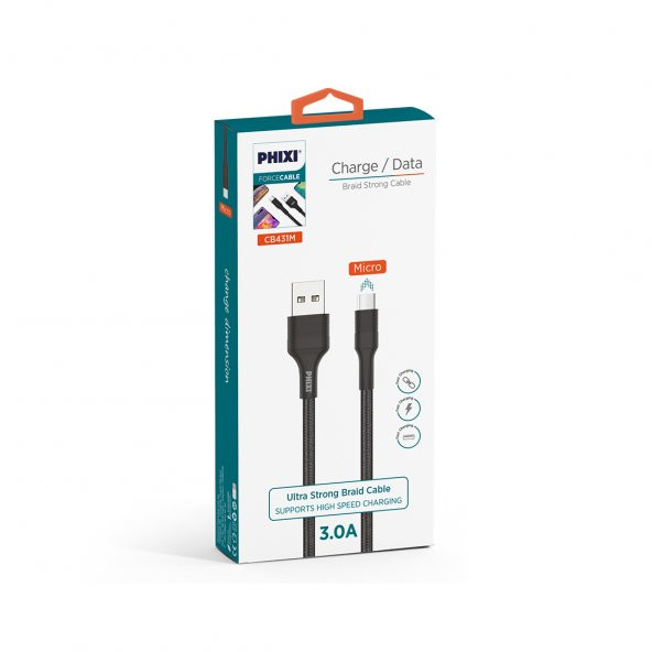 Phixi Force CB431M Hasır Örgü ve Ekstra Güçlendirilmiş Silikon Başlıklı Micro USB Hızlı Şarj ve Data Kablo - 2