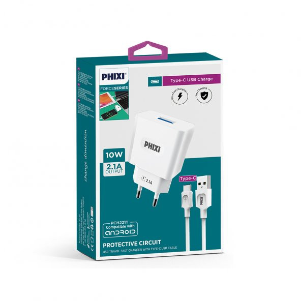 Phixi PCH221T Force Akım Korumalı 2.1A Type-C USB Kablolu Şarj Cihazı - 2